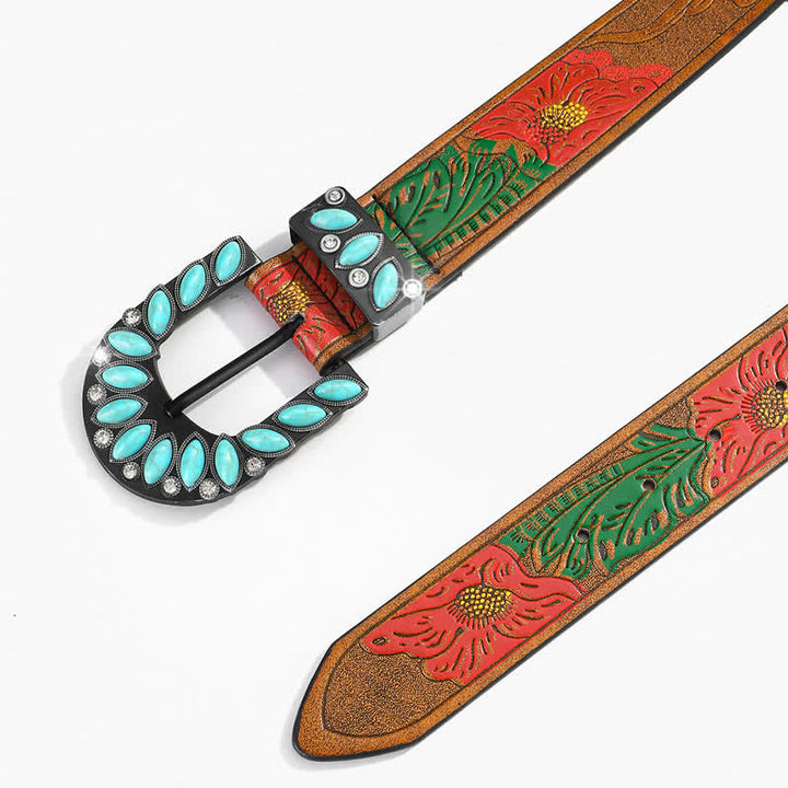 Cintura in pelle con fibbia turchese e stampa di piume vintage Boho Chic