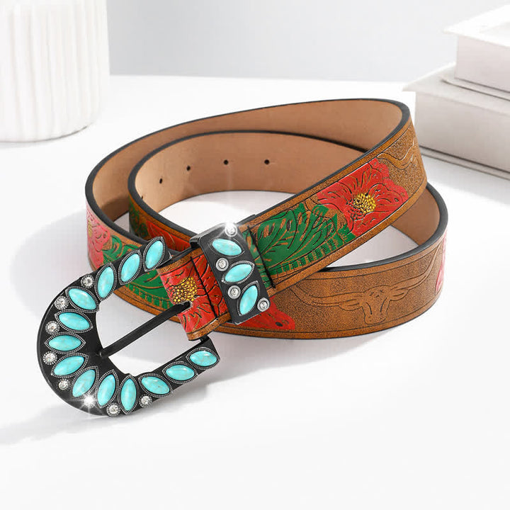 Cintura in pelle con fibbia turchese e stampa di piume vintage Boho Chic