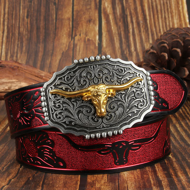 Cintura in pelle colorata con testa di toro Longhorn in oro Weathern