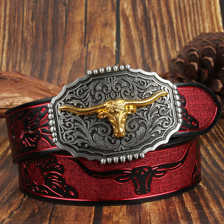 Cintura in pelle colorata con testa di toro Longhorn in oro Weathern