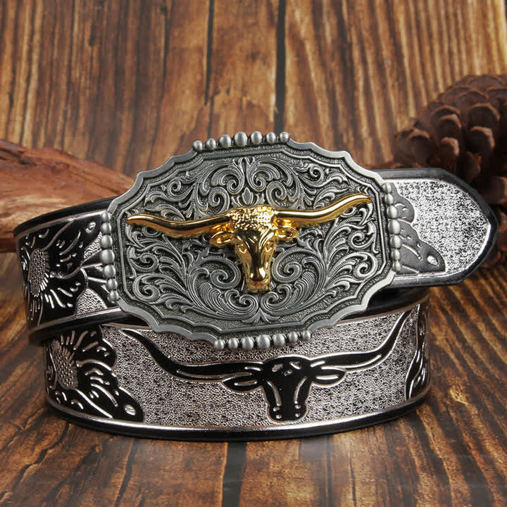 Cintura in pelle colorata con testa di toro Longhorn in oro Weathern