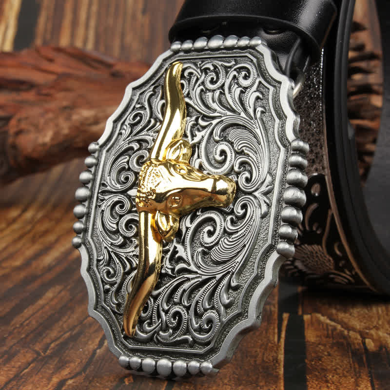 Cintura in pelle colorata con testa di toro Longhorn in oro Weathern