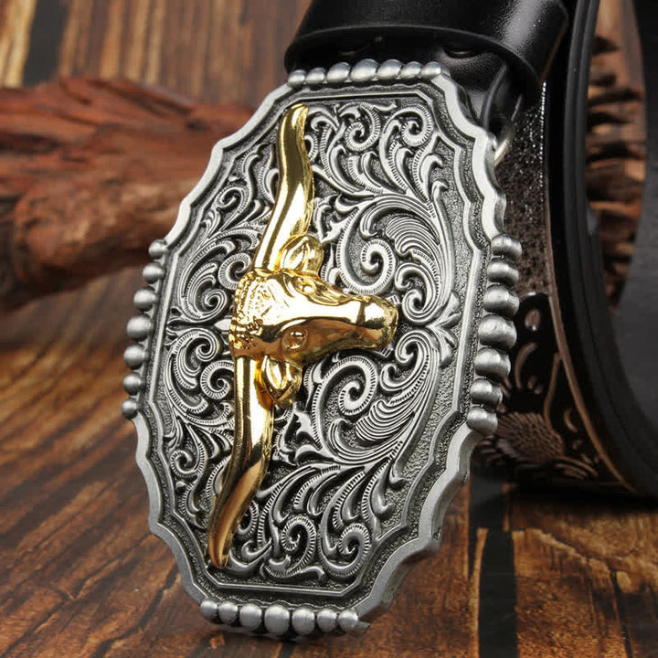 Cintura in pelle colorata con testa di toro Longhorn in oro Weathern