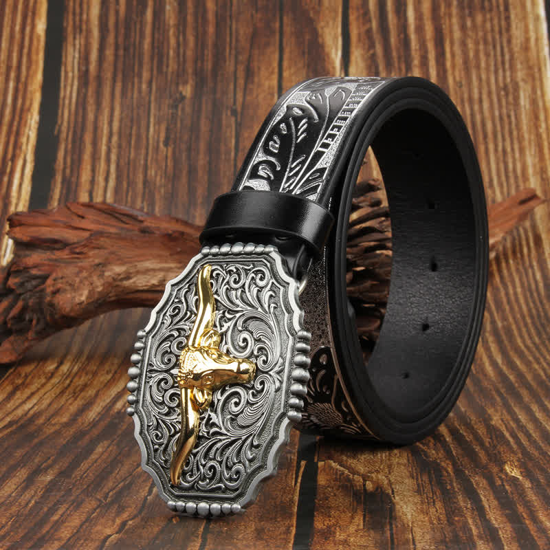 Cintura in pelle colorata con testa di toro Longhorn in oro Weathern
