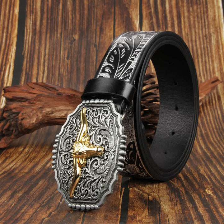 Cintura in pelle colorata con testa di toro Longhorn in oro Weathern
