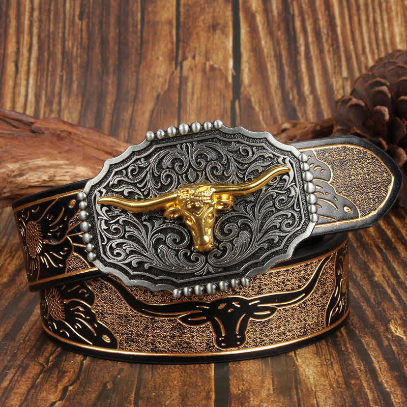 Cintura in pelle colorata con testa di toro Longhorn in oro Weathern - Oro - 42 - image 1