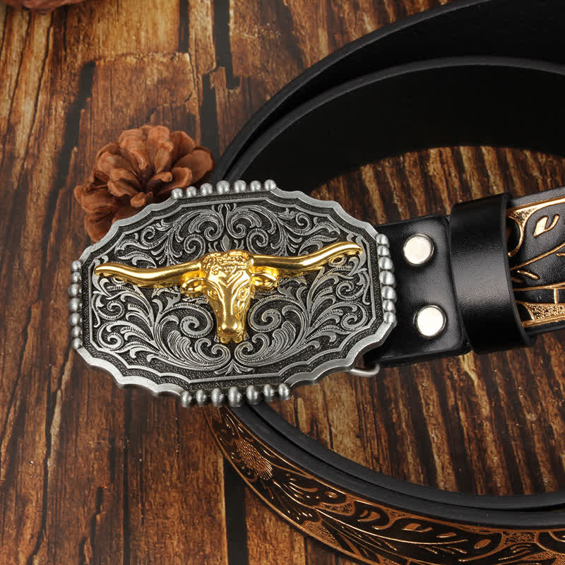 Cintura in pelle colorata con testa di toro Longhorn in oro Weathern - image 3