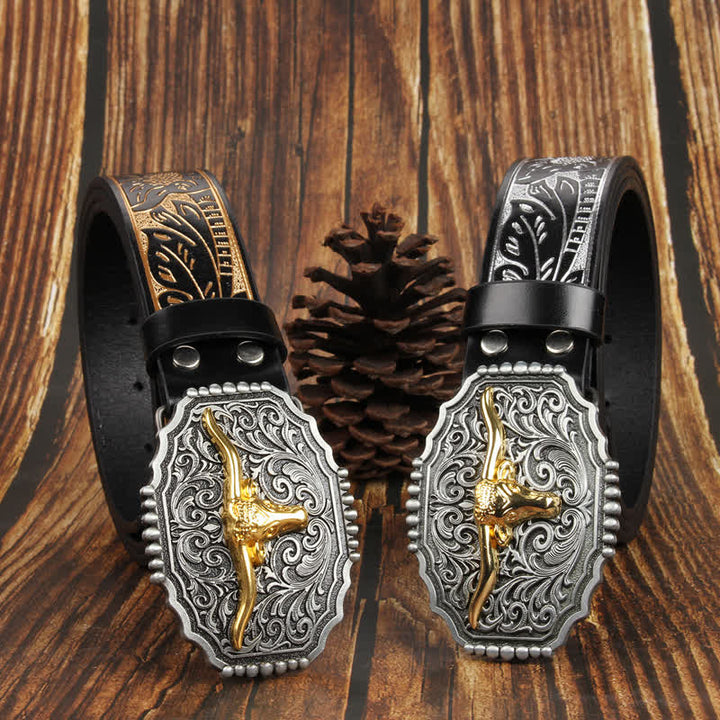 Cintura in pelle colorata con testa di toro Longhorn in oro Weathern
