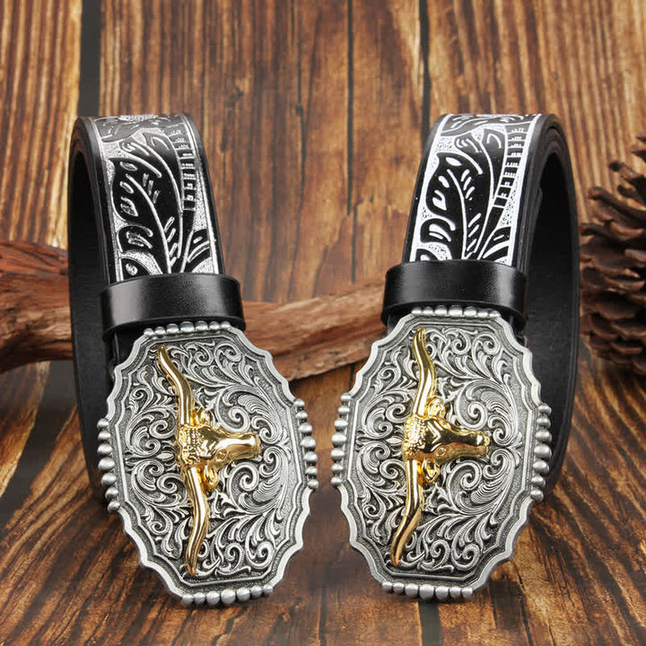 Cintura in pelle colorata con testa di toro Longhorn in oro Weathern