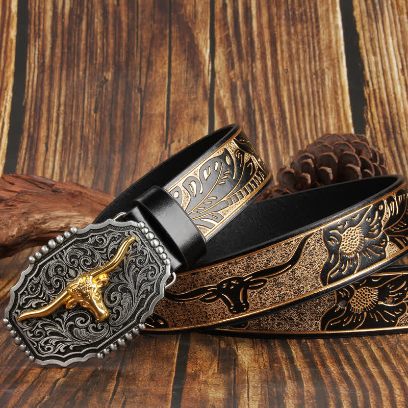Cintura in pelle colorata con testa di toro Longhorn in oro Weathern