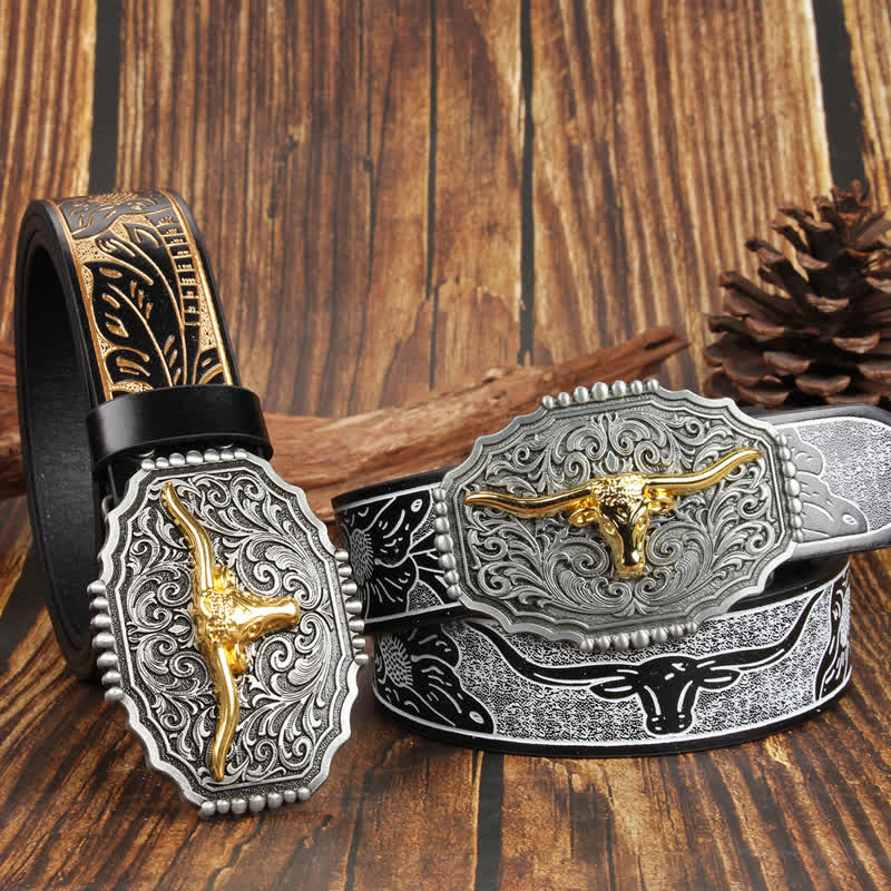 Cintura in pelle colorata con testa di toro Longhorn in oro Weathern
