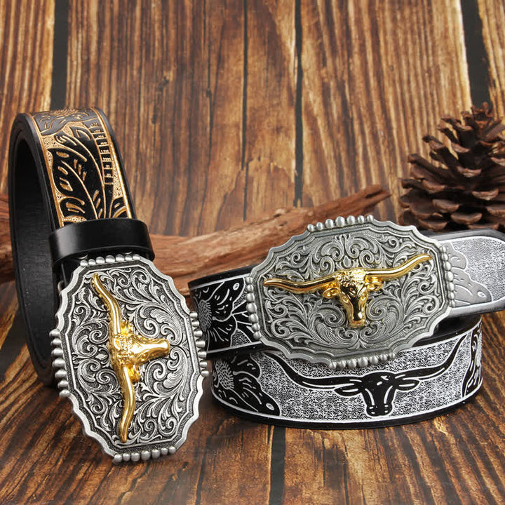 Cintura in pelle colorata con testa di toro Longhorn in oro Weathern