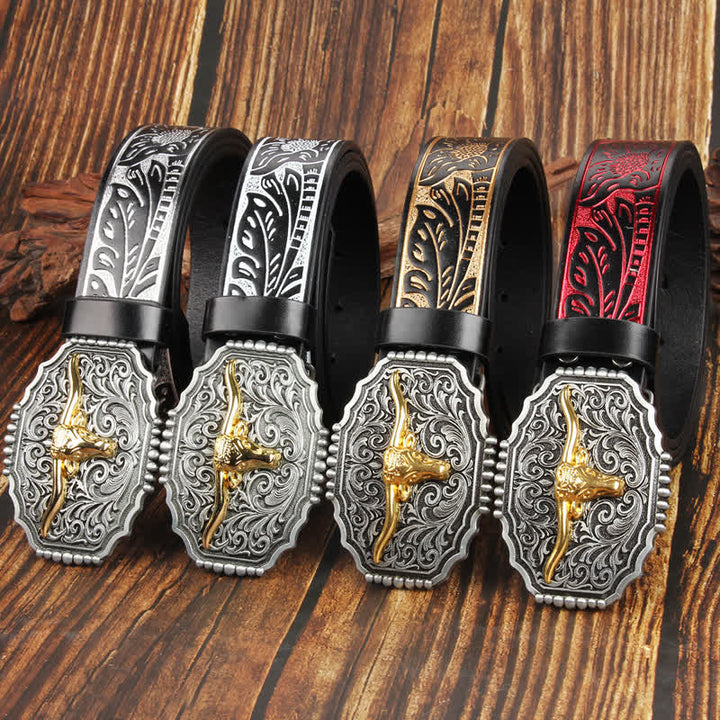 Cintura in pelle colorata con testa di toro Longhorn in oro Weathern