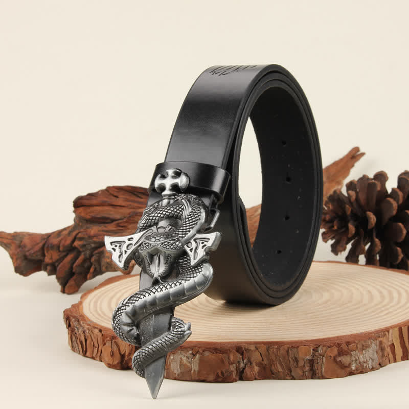Cintura in pelle con fibbia 3D The Dagger & The Cobra da uomo in argento