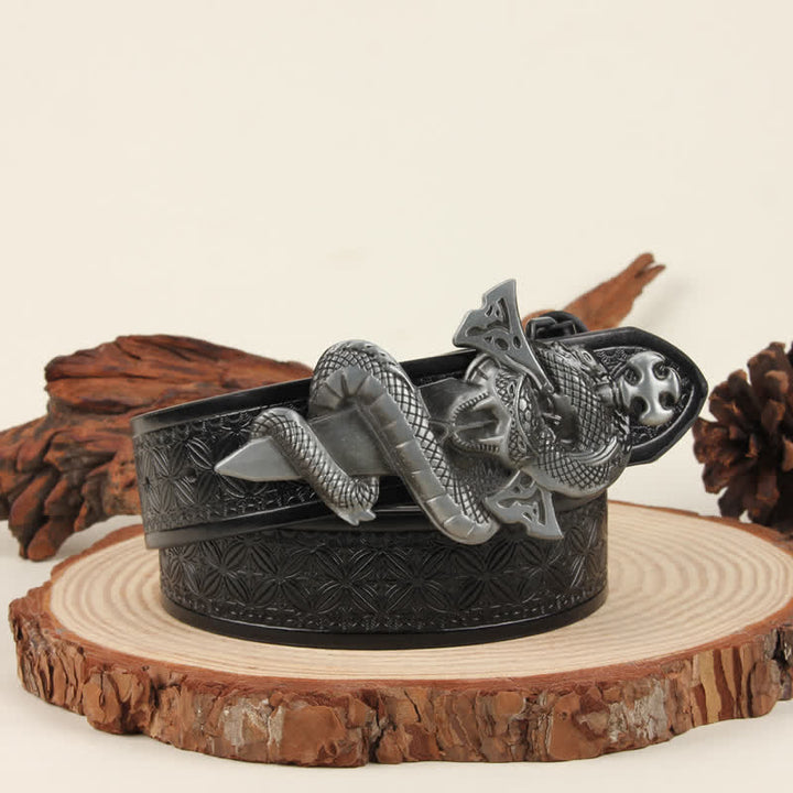Cintura in pelle con fibbia 3D The Dagger & The Cobra da uomo in argento