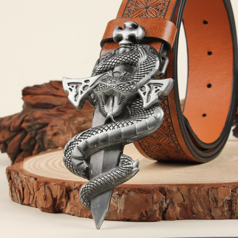 Cintura in pelle con fibbia 3D The Dagger & The Cobra da uomo in argento