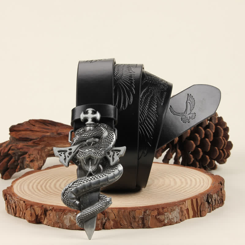 Cintura in pelle con fibbia 3D The Dagger & The Cobra da uomo in argento