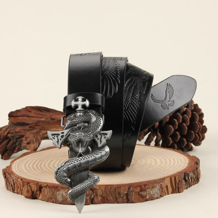 Cintura in pelle con fibbia 3D The Dagger & The Cobra da uomo in argento