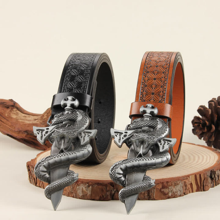Cintura in pelle con fibbia 3D The Dagger & The Cobra da uomo in argento