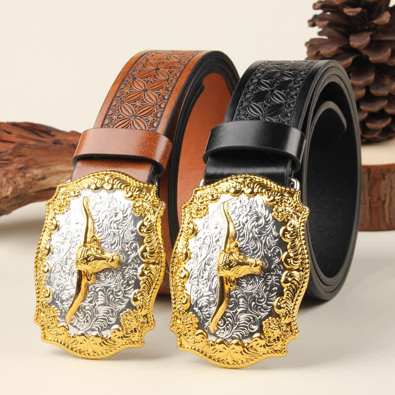 Cintura in pelle con fibbia Western Bull in oro e argento - image 0