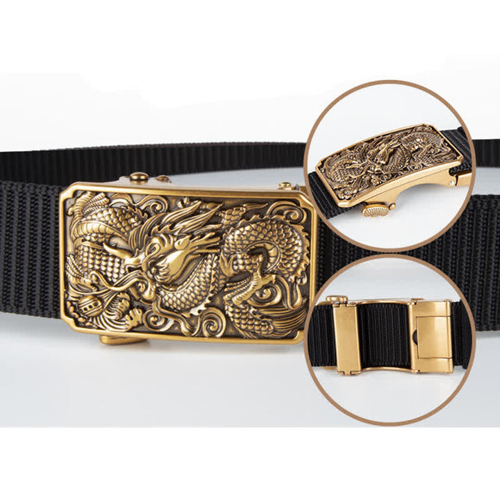 Cintura da uomo in nylon con fibbia automatica a forma di drago arrotolato in oro
