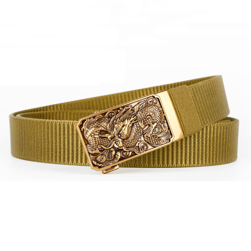 Cintura da uomo in nylon con fibbia automatica a forma di drago arrotolato in oro
