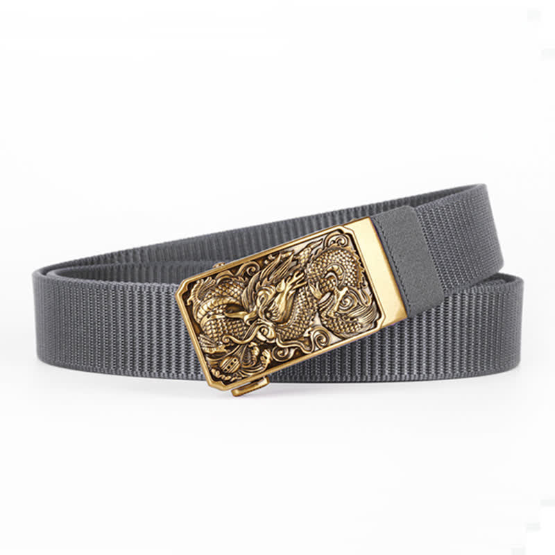 Cintura da uomo in nylon con fibbia automatica a forma di drago arrotolato in oro