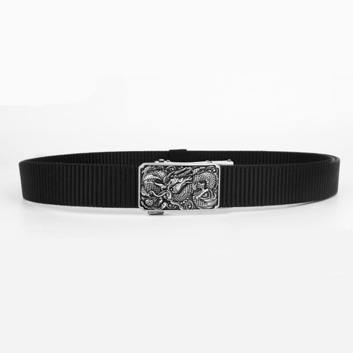 Cintura da uomo in nylon con fibbia automatica a forma di drago arrotolato in argento