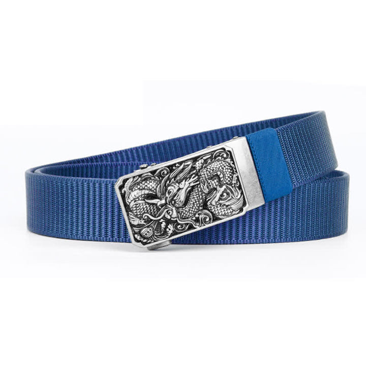 Cintura da uomo in nylon con fibbia automatica a forma di drago arrotolato in argento