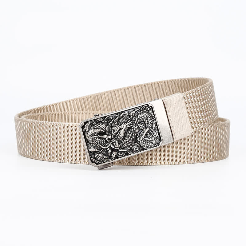 Cintura da uomo in nylon con fibbia automatica a forma di drago arrotolato in argento