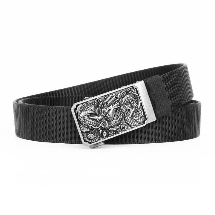 Cintura da uomo in nylon con fibbia automatica a forma di drago arrotolato in argento