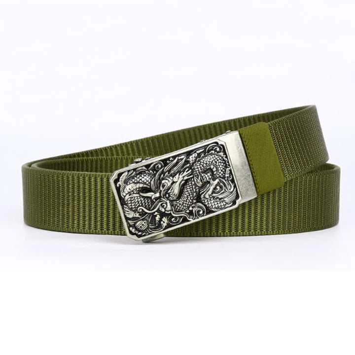 Cintura da uomo in nylon con fibbia automatica a forma di drago arrotolato in argento