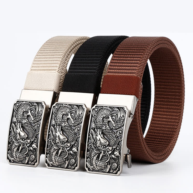 Cintura da uomo in nylon con fibbia automatica a forma di drago arrotolato in argento