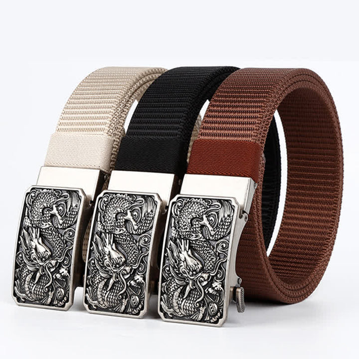 Cintura da uomo in nylon con fibbia automatica a forma di drago arrotolato in argento