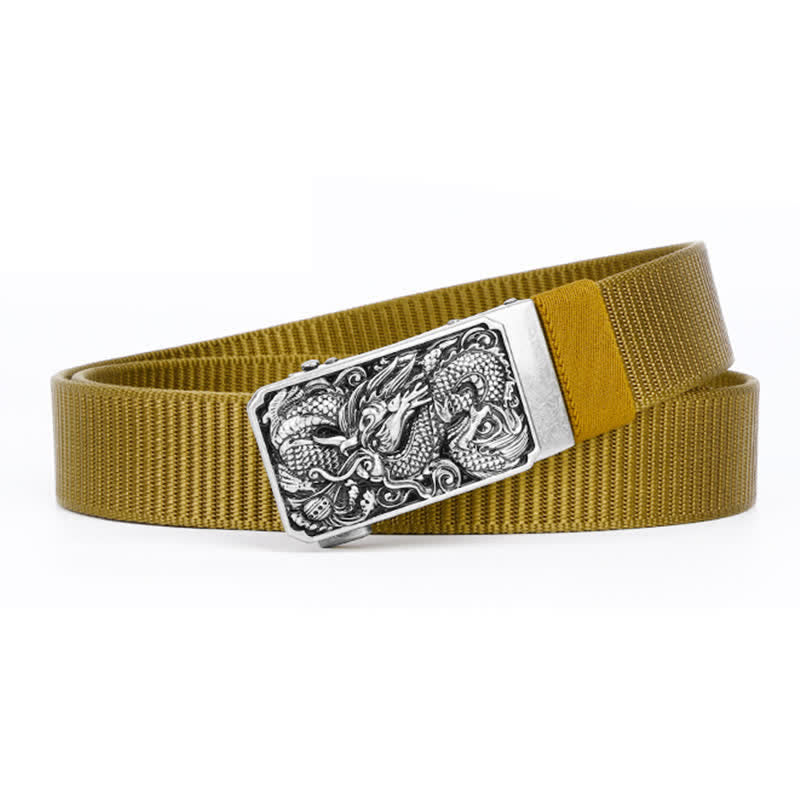 Cintura da uomo in nylon con fibbia automatica a forma di drago arrotolato in argento