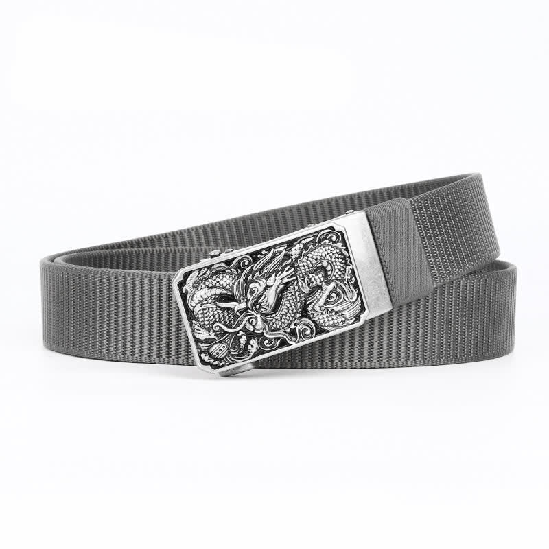 Cintura da uomo in nylon con fibbia automatica a forma di drago arrotolato in argento