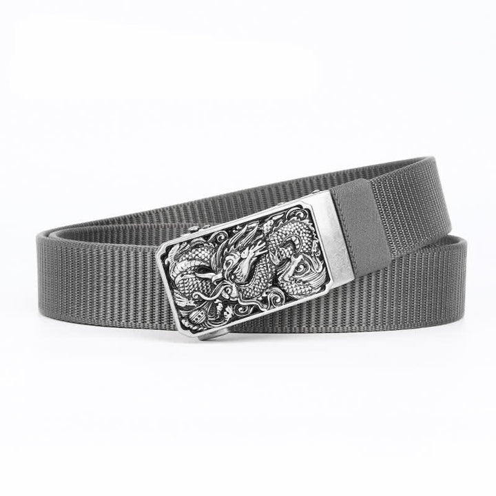Cintura da uomo in nylon con fibbia automatica a forma di drago arrotolato in argento
