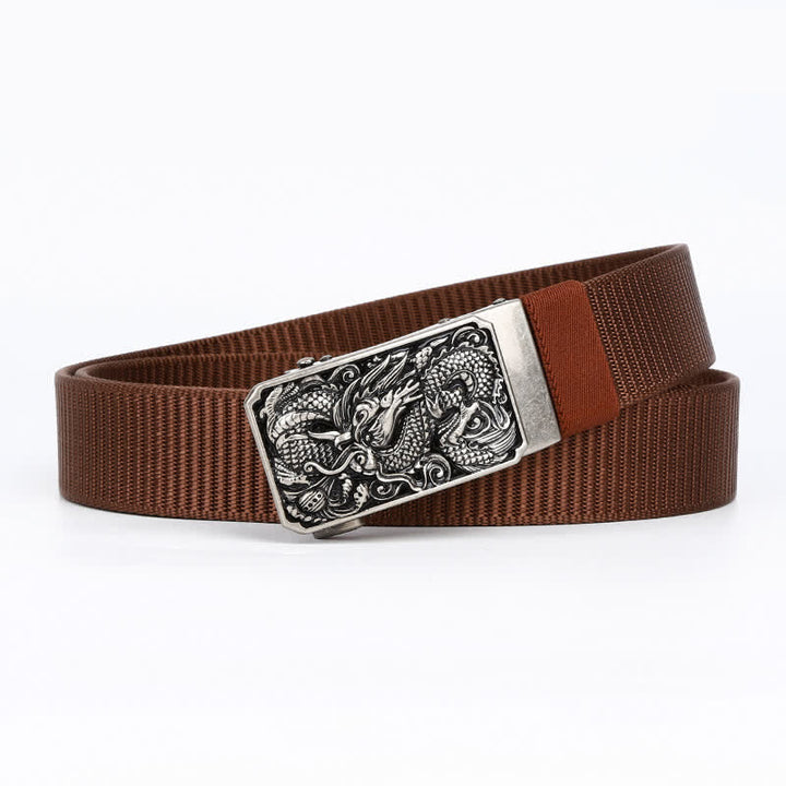 Cintura da uomo in nylon con fibbia automatica a forma di drago arrotolato in argento