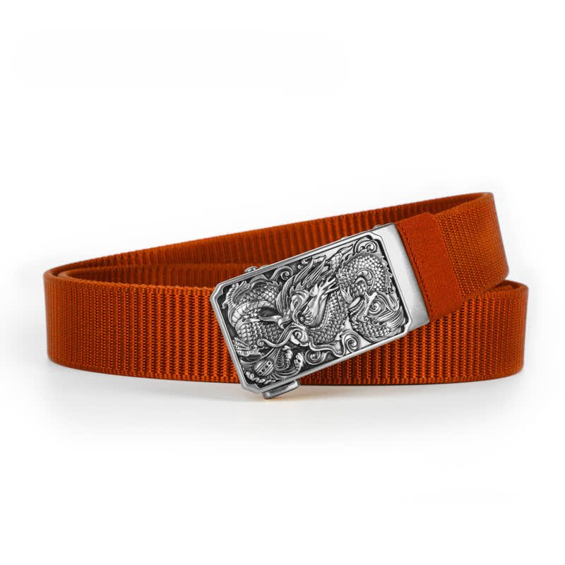 Cintura da uomo in nylon con fibbia automatica a forma di drago arrotolato in argento