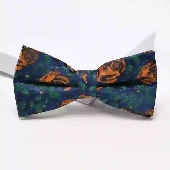 Cravatta da uomo con stampa floreale a forma di farfalla, blu navy e arancione