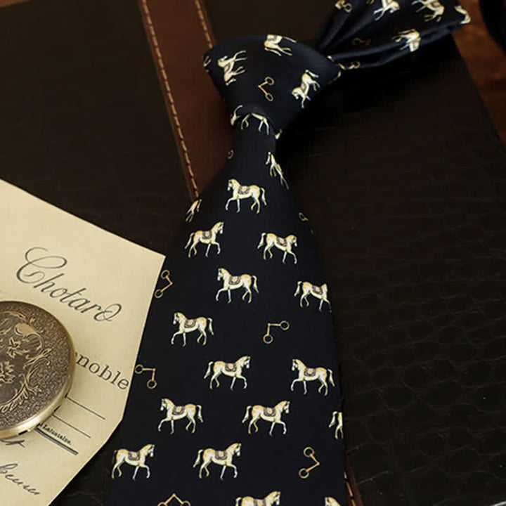 Cravatta da uomo con motivo cavallo sellato blu notte e oro