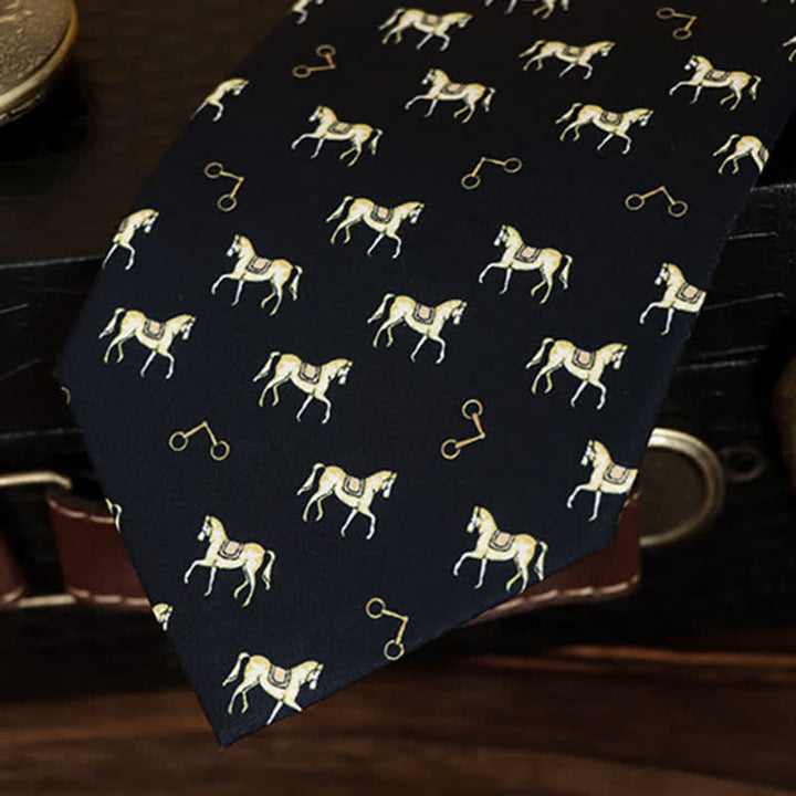 Cravatta da uomo con motivo cavallo sellato blu notte e oro