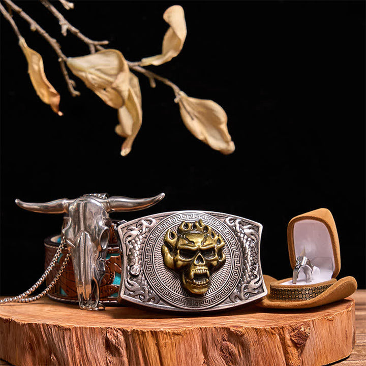 Set di anelli tattici con ciondolo a forma di toro, fibbia per cintura con coltello nascosto fai da te e teschio d'oro