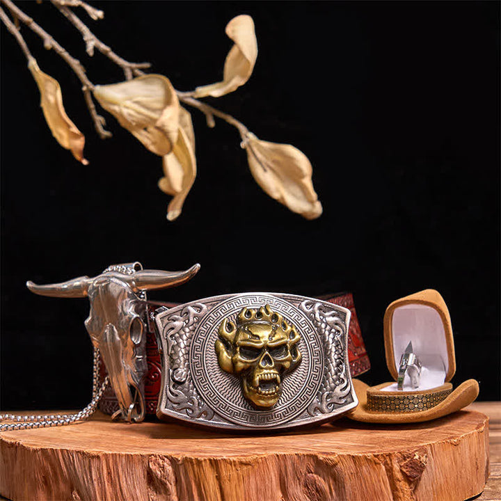 Set di anelli tattici con ciondolo a forma di toro, fibbia per cintura con coltello nascosto fai da te e teschio d'oro
