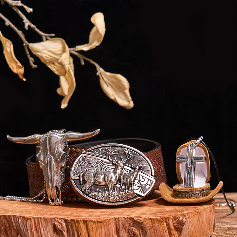 Set di collana con croce creativa, ciondolo a forma di toro, fibbia per cintura con coltello nascosto fai da te Dual Deers