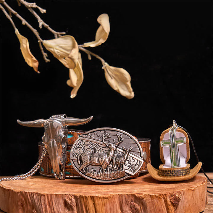 Set di collana con croce creativa, ciondolo a forma di toro, fibbia per cintura con coltello nascosto fai da te Dual Deers