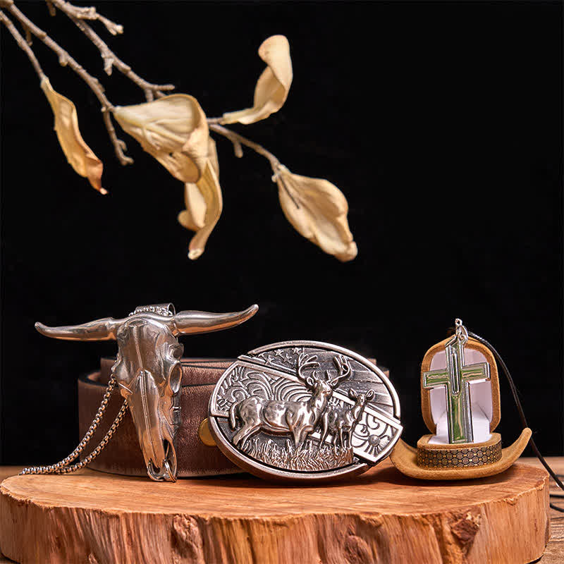 Set di collana con croce creativa, ciondolo a forma di toro, fibbia per cintura con coltello nascosto fai da te Dual Deers
