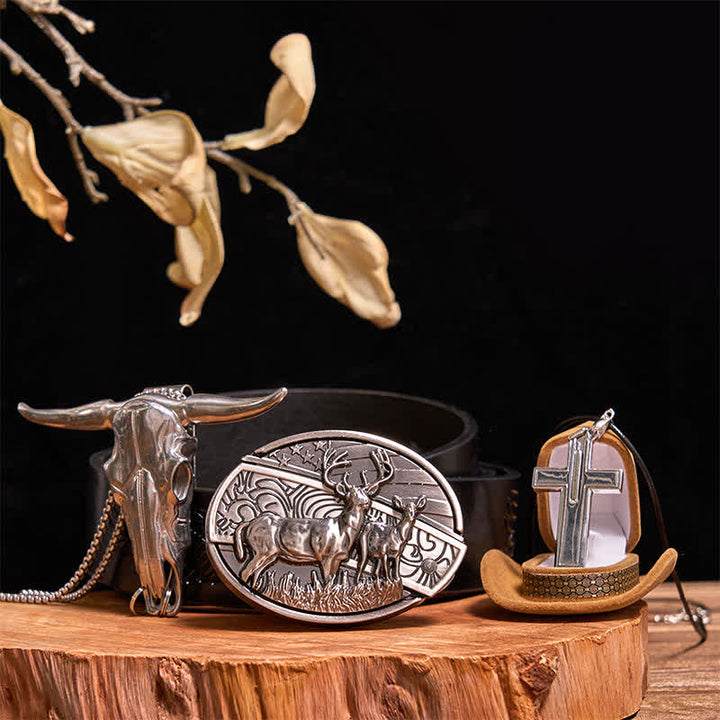 Set di collana con croce creativa, ciondolo a forma di toro, fibbia per cintura con coltello nascosto fai da te Dual Deers