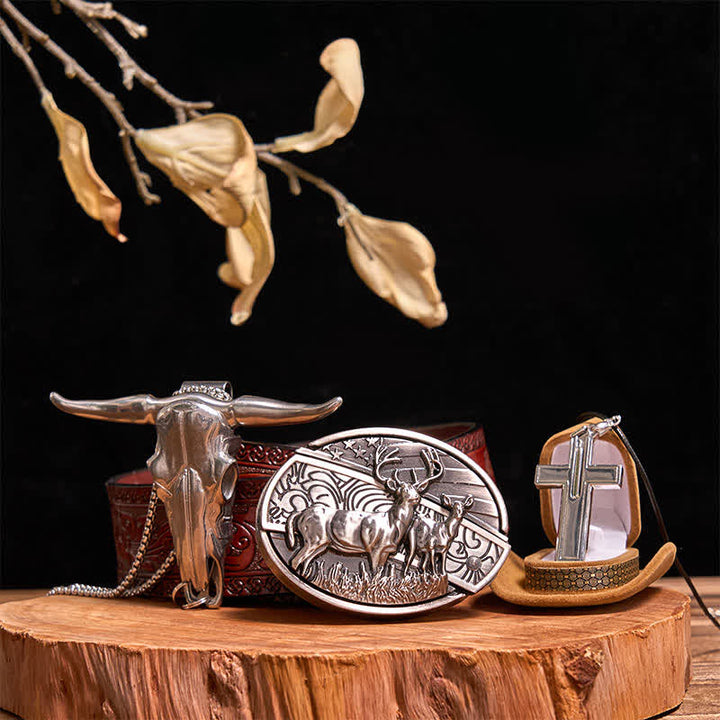 Set di collana con croce creativa, ciondolo a forma di toro, fibbia per cintura con coltello nascosto fai da te Dual Deers
