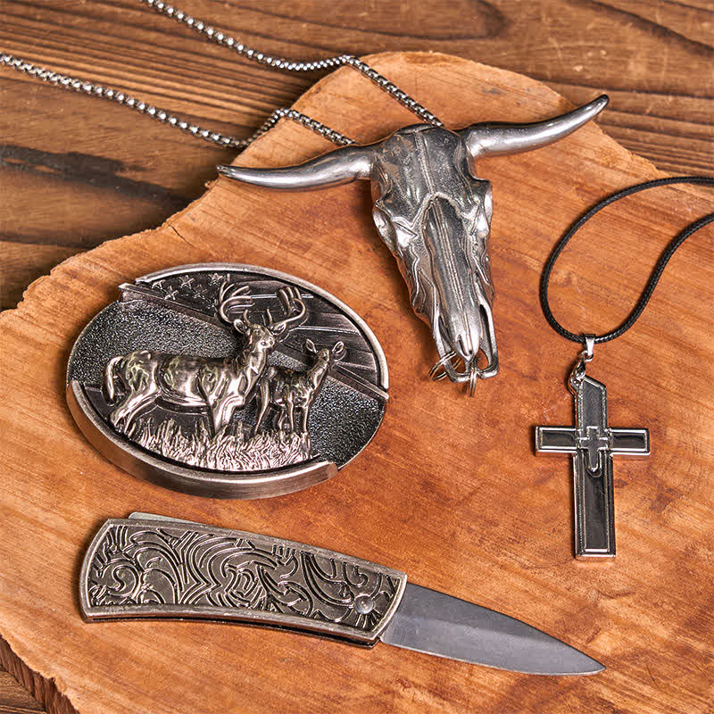 Set di collana con croce creativa, ciondolo a forma di toro, fibbia per cintura con coltello nascosto fai da te Dual Deers